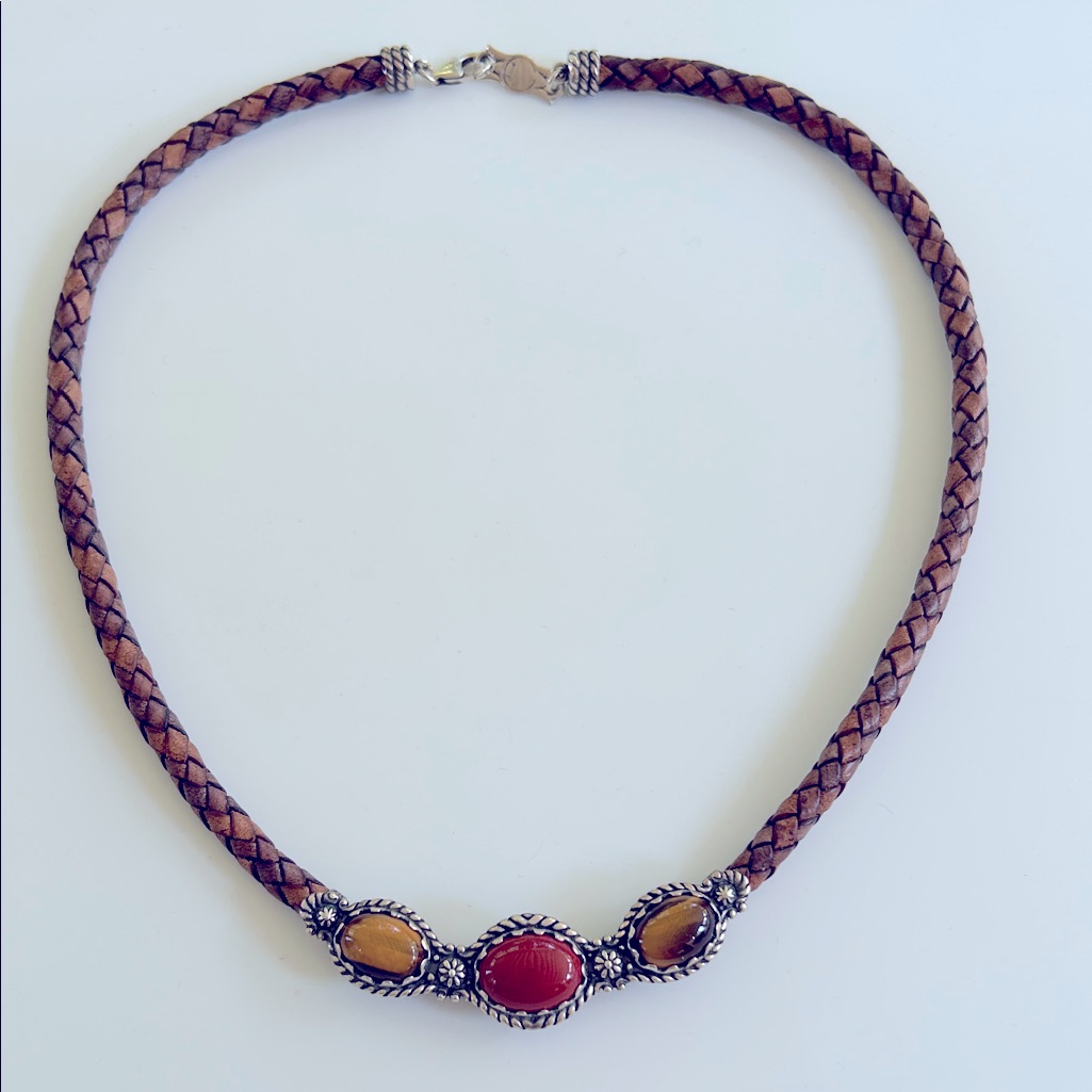 American West Carolyn Pollack Braided Leather Stone Cabochon Sterling Necklace
